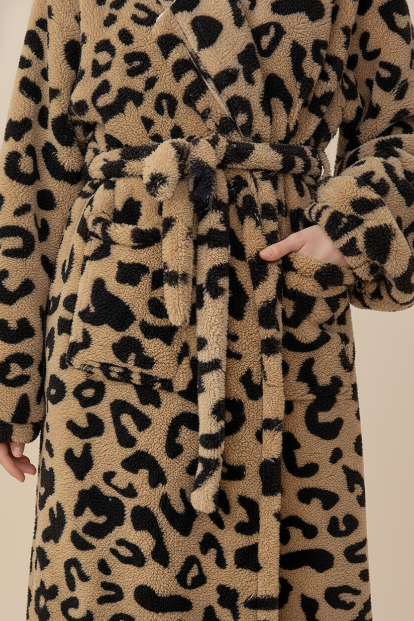 Robe de chambre polaire léopard beige et noir avec ceinture