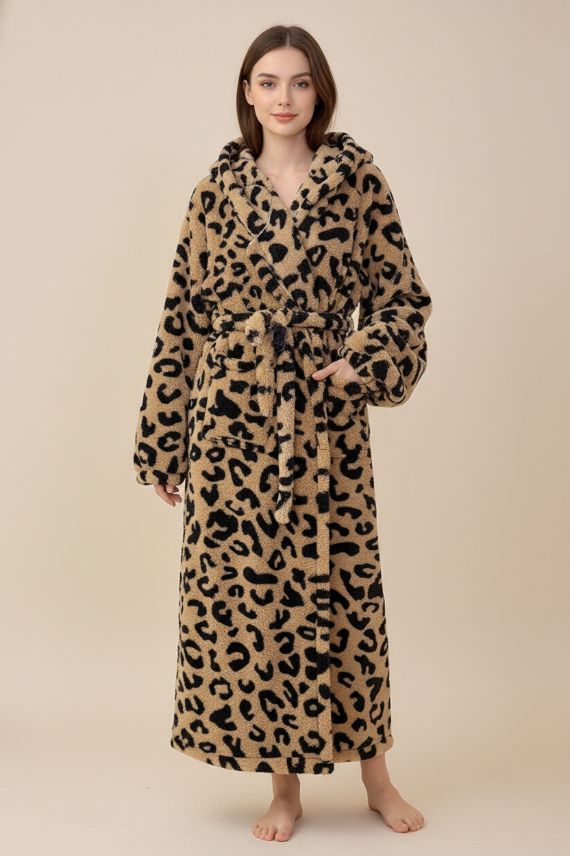 Robe de chambre polaire femme léopard, capuche et ceinture