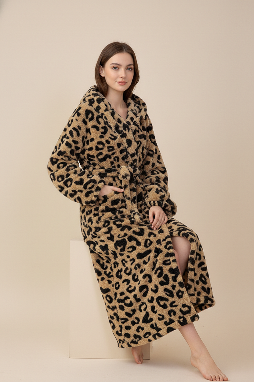 Robe de chambre polaire femme léopard tan noir duveteuse