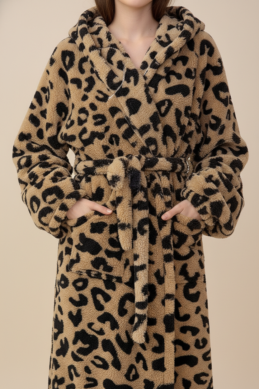 Robe de chambre polaire femme léopard beige noir à capuche