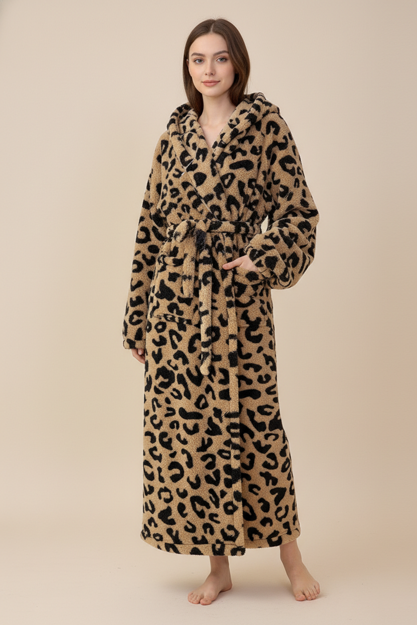 Robe de chambre polaire femme léopard tan noir à capuche et ceinture