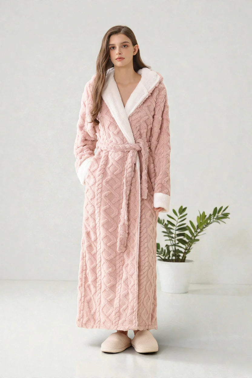 Robe de chambre polaire femme rose texturée à capuche doublée fleece blanc