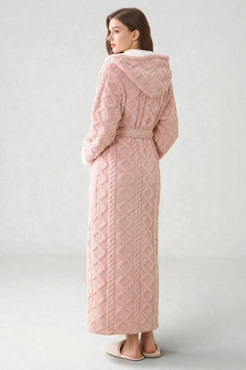 Robe de chambre polaire femme rose à capuche tricot câblé texturé