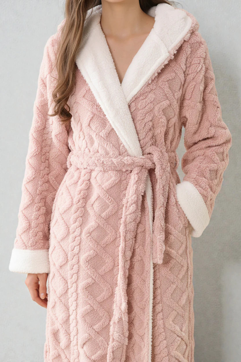 Robe de chambre polaire femme rose câblé doublure polaire blanche
