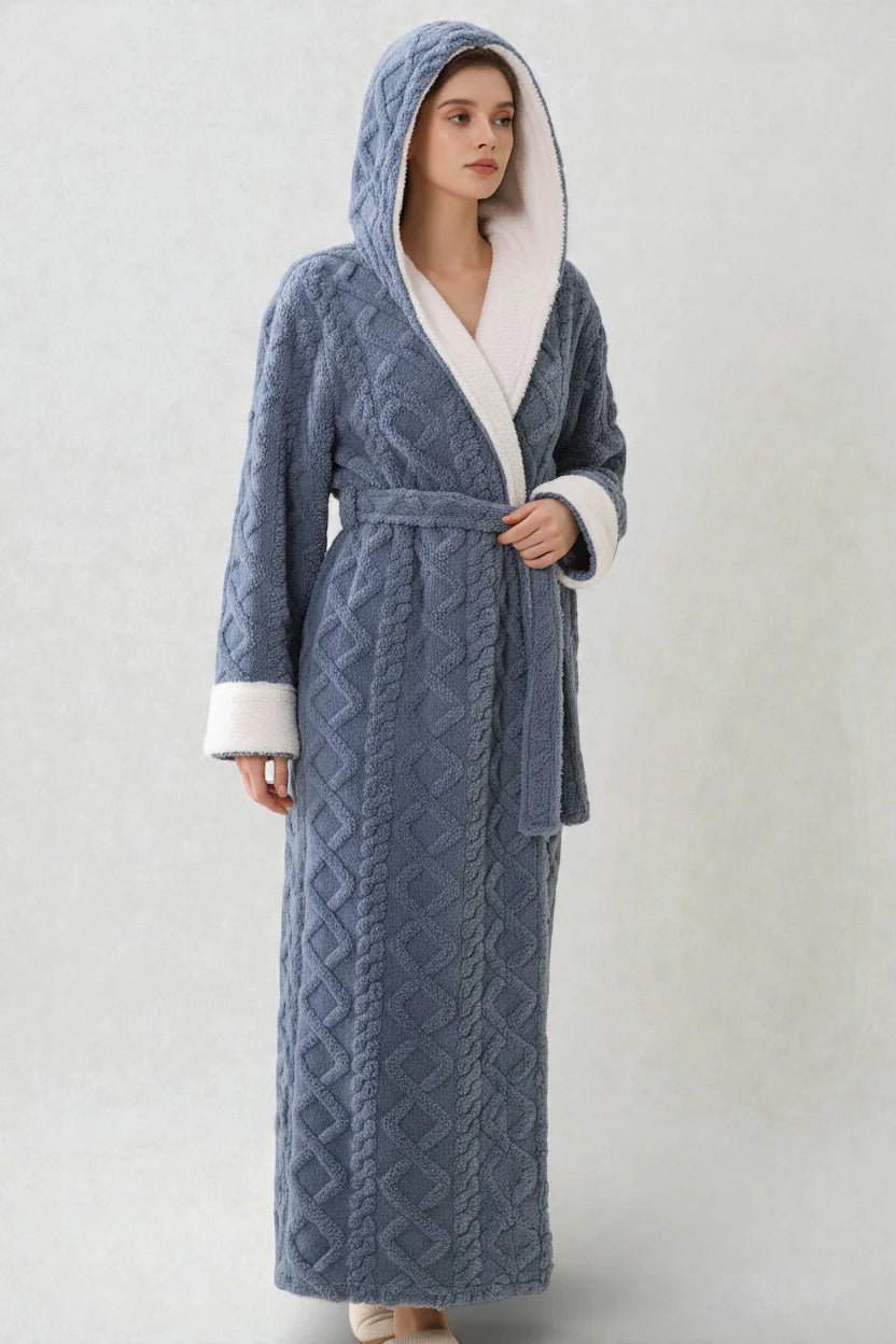 Robe de chambre polaire femme avec capuche bleue douillette à motif diamant