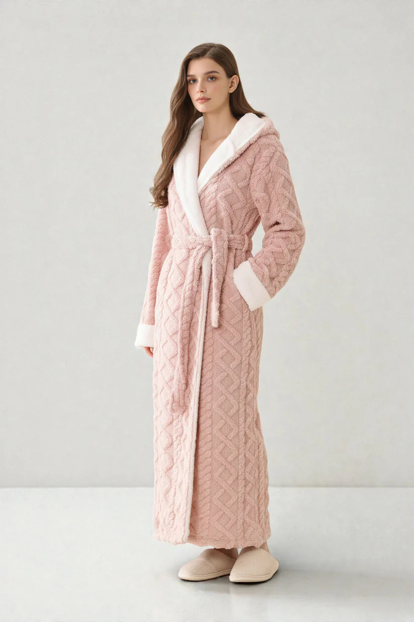 Robe de chambre polaire femme rose texturée à capuche fourrure blanche