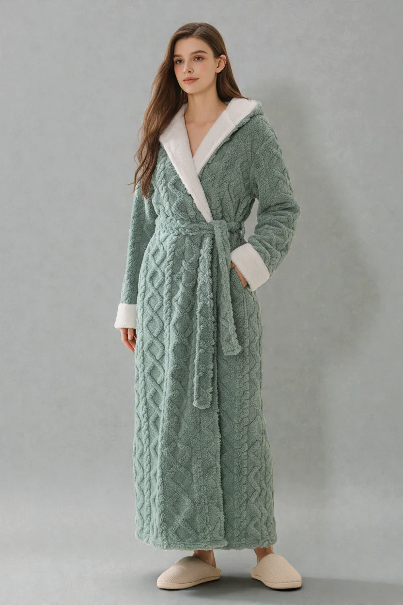 Robe de chambre polaire femme mint vert peluche capuche fourrure blanche