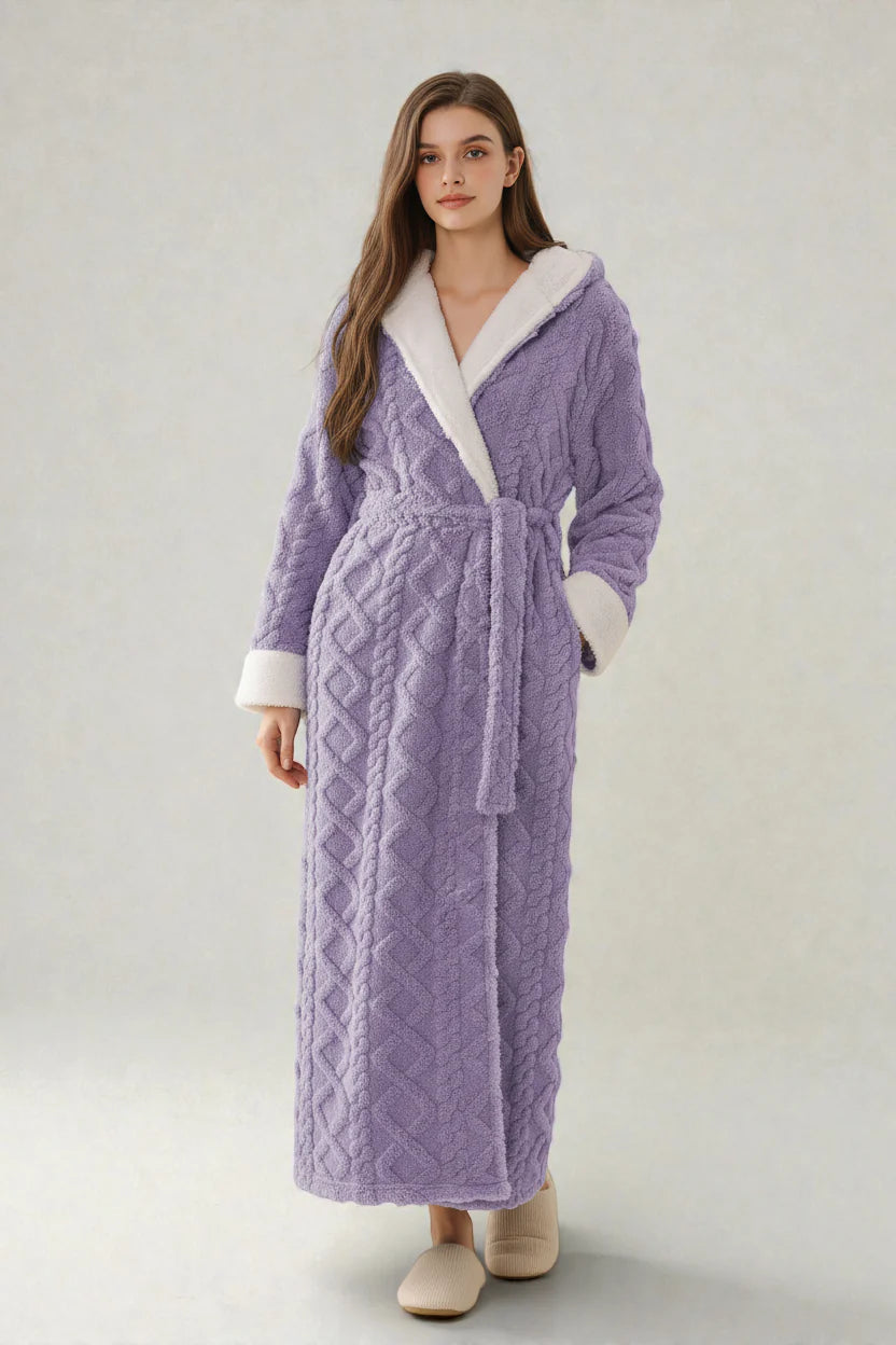 Robe de chambre polaire femme lavande à capuche fourrure et tricot diamant