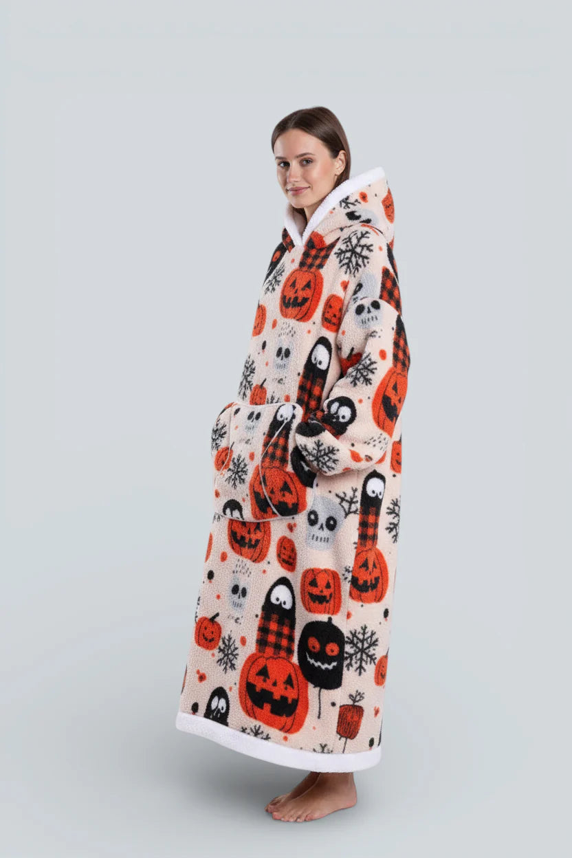 Robe de chambre polaire Halloween avec citrouilles et crânes