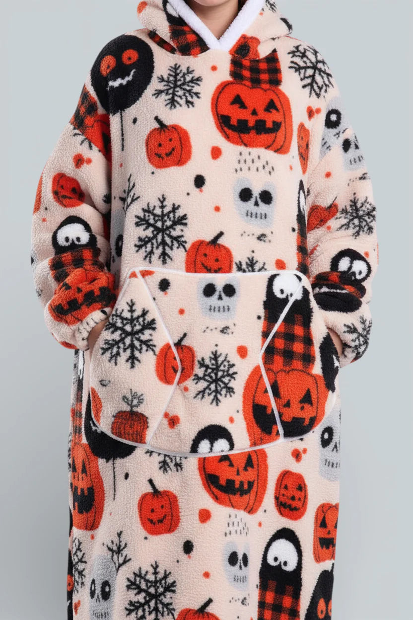 Robe de chambre polaire Halloween cozy crème citrouilles crânes flocons