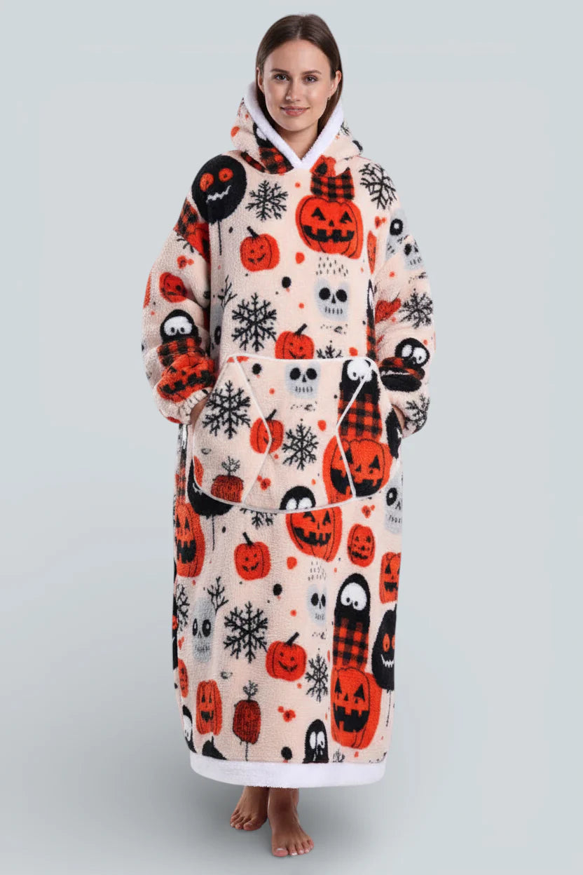 Robe de chambre polaire Halloween crème cozy avec citrouilles et fantômes