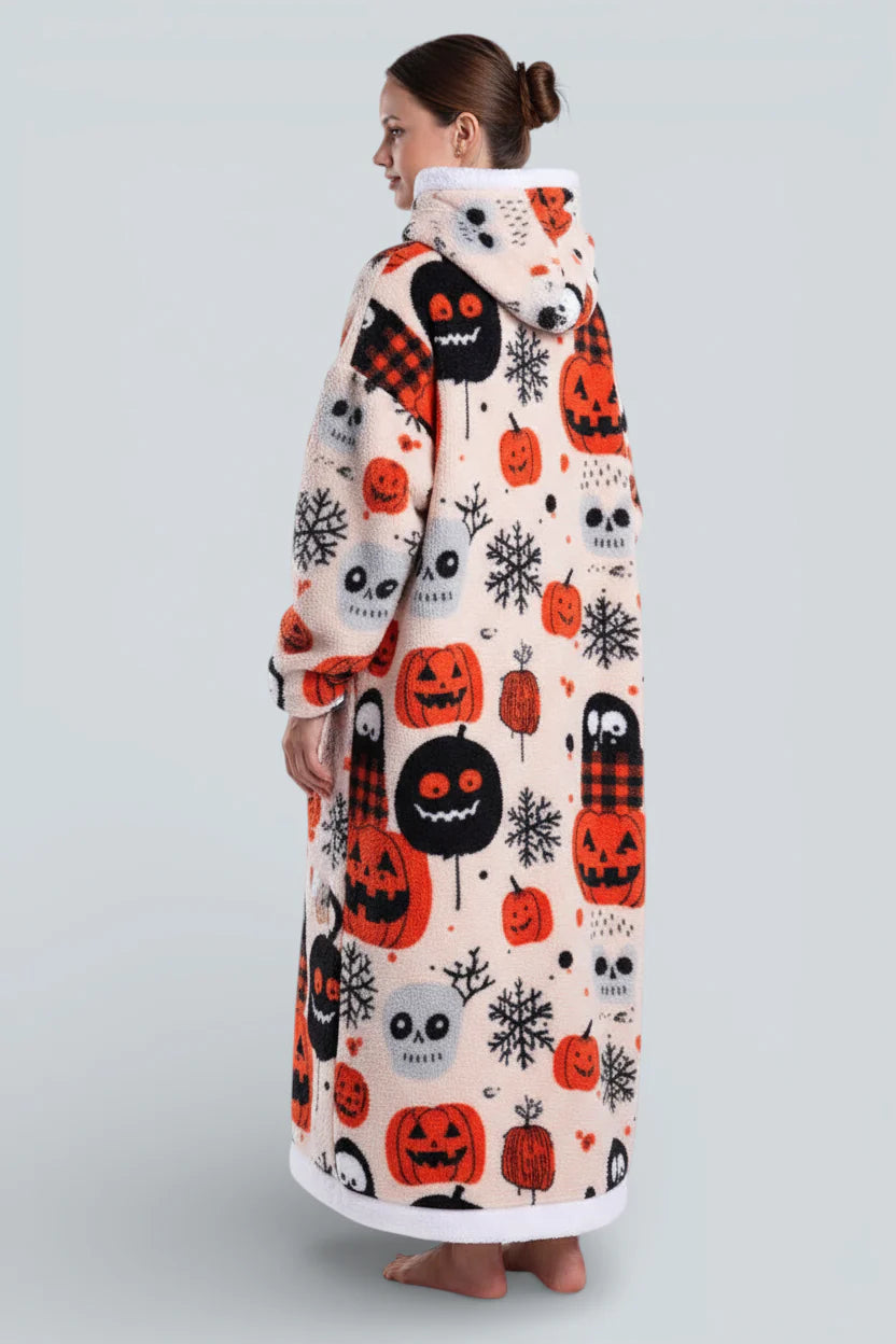 Robe de chambre polaire Halloween crème avec citrouilles, crânes et flocons
