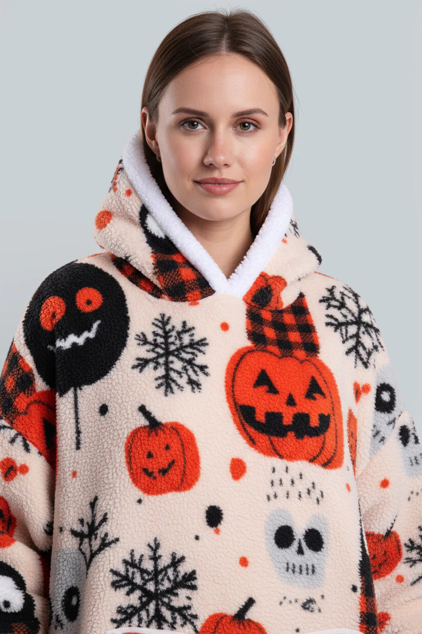 Robe de chambre polaire Halloween cozy crème citrouilles crânes flocons