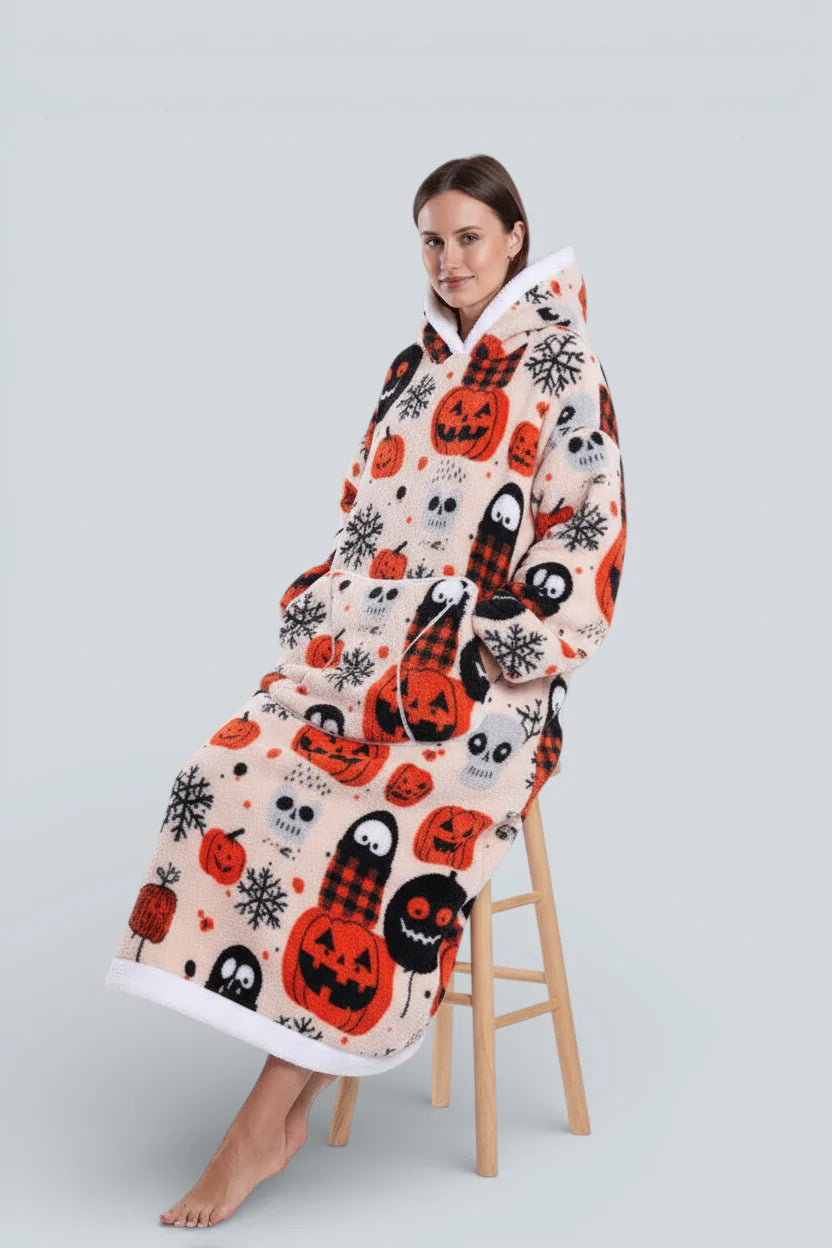 Robe de chambre polaire Halloween cozy crème motifs citrouille crâne fantôme