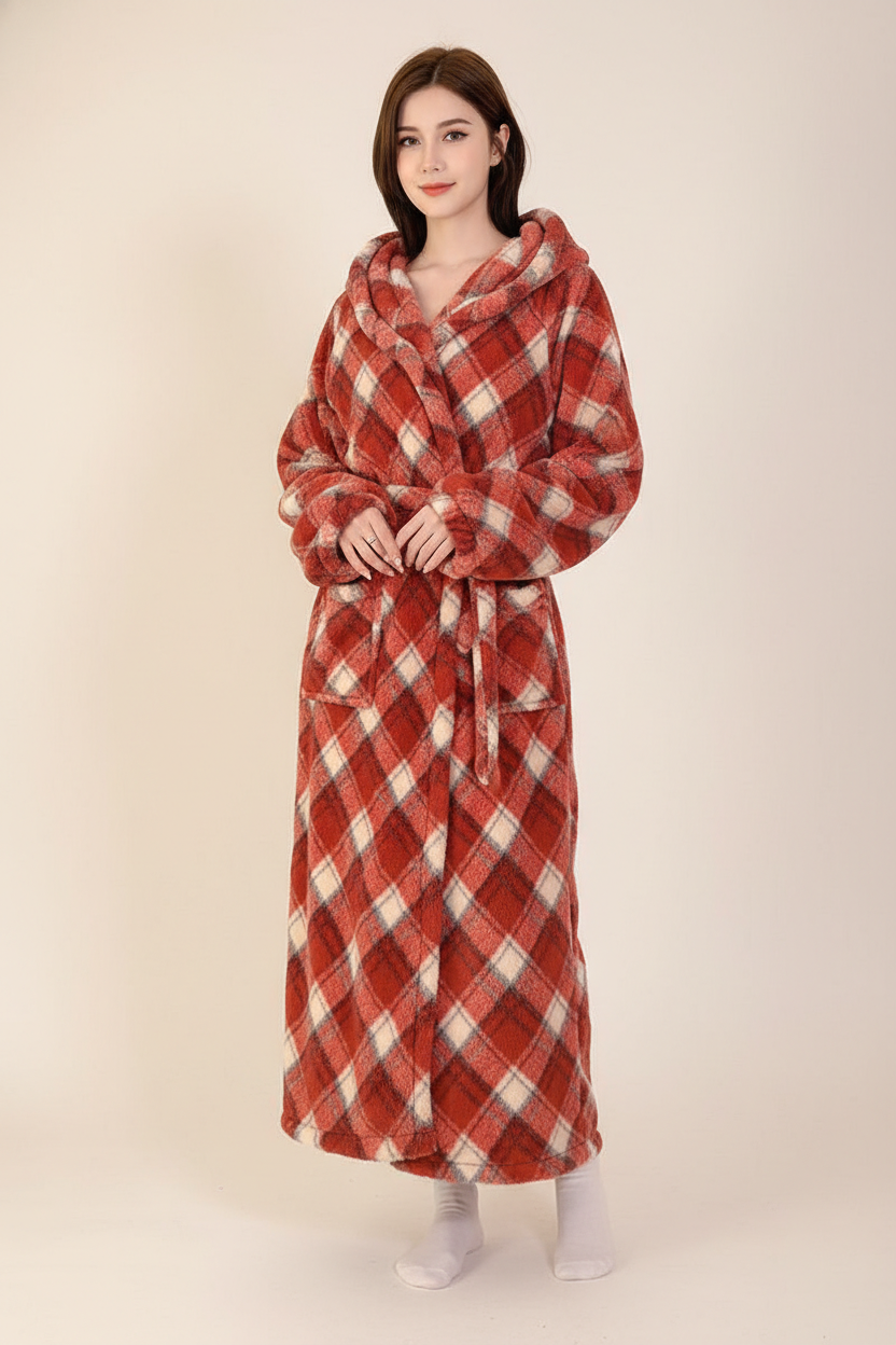 Robe de chambre polaire kimono à carreaux rouge et crème à capuche