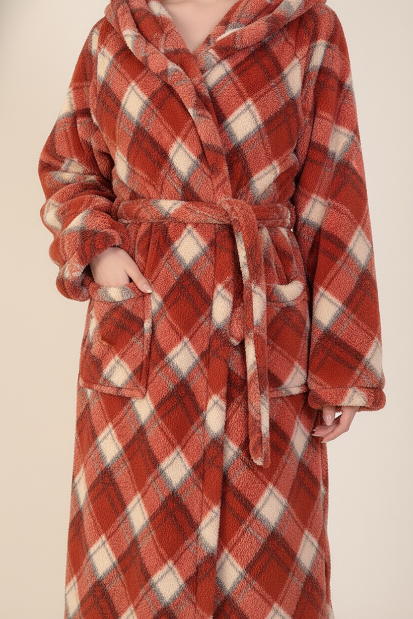 Robe de chambre polaire kimono à carreaux rouge et crème cosy