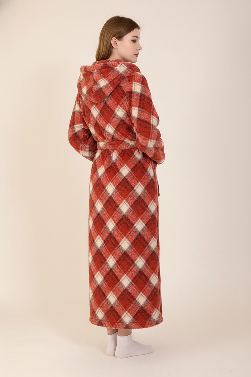 Robe de chambre polaire kimono à carreaux rouge et crème à capuche cosy