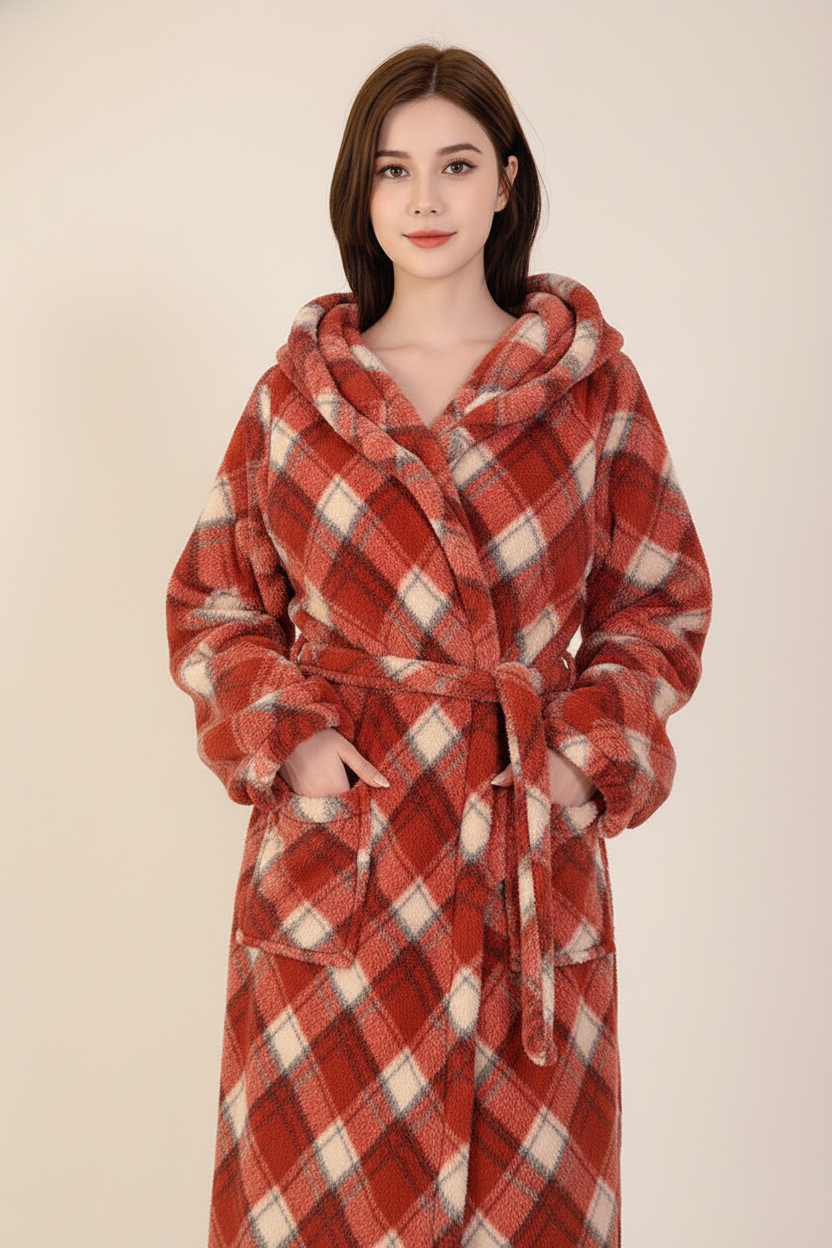 Robe de chambre polaire kimono à carreaux rouge et crème à capuche
