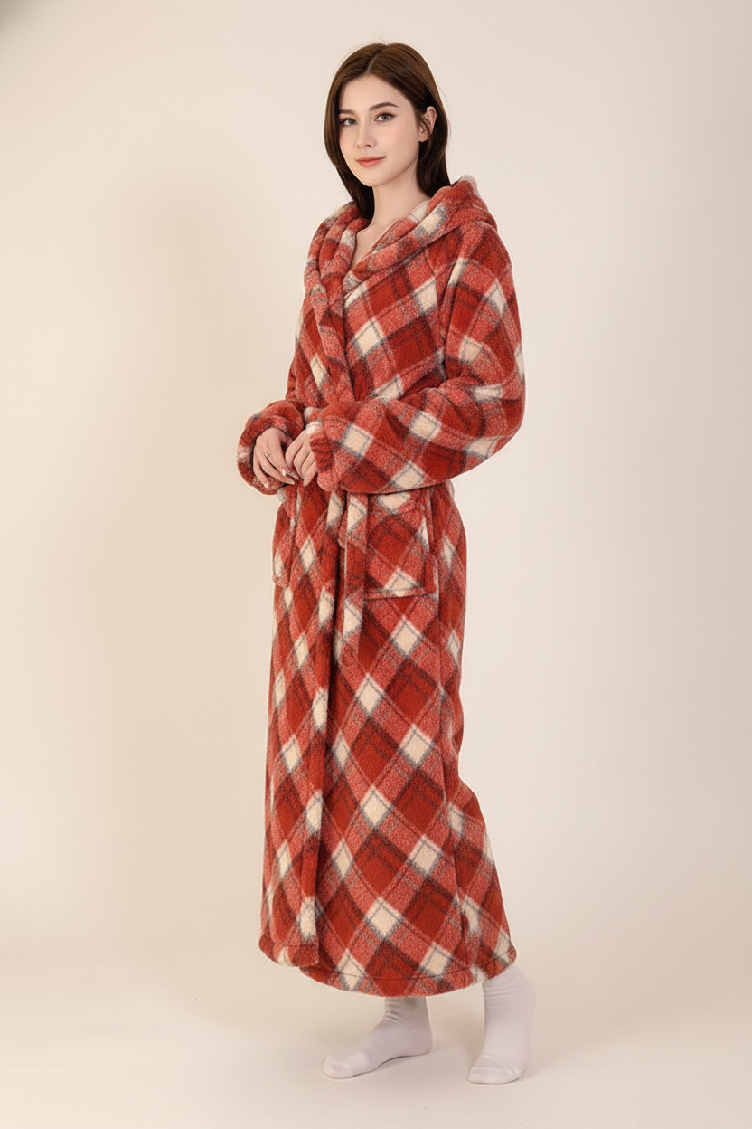 Robe de chambre polaire kimono à carreaux rouge et crème à capuche