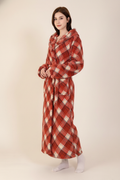 Robe de chambre polaire kimono à carreaux rouge et crème à capuche