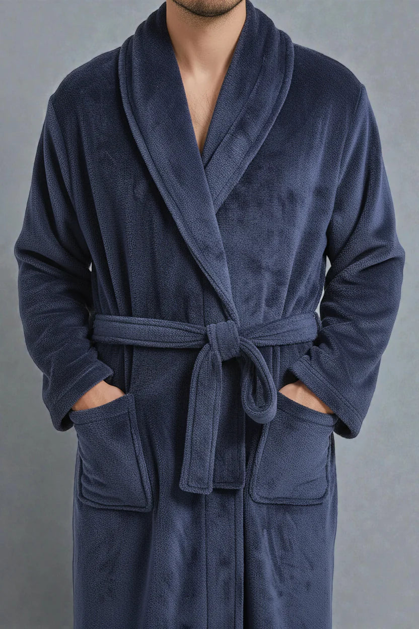 Peignoir polaire bleu marine Alaska, ceinture et poches avant