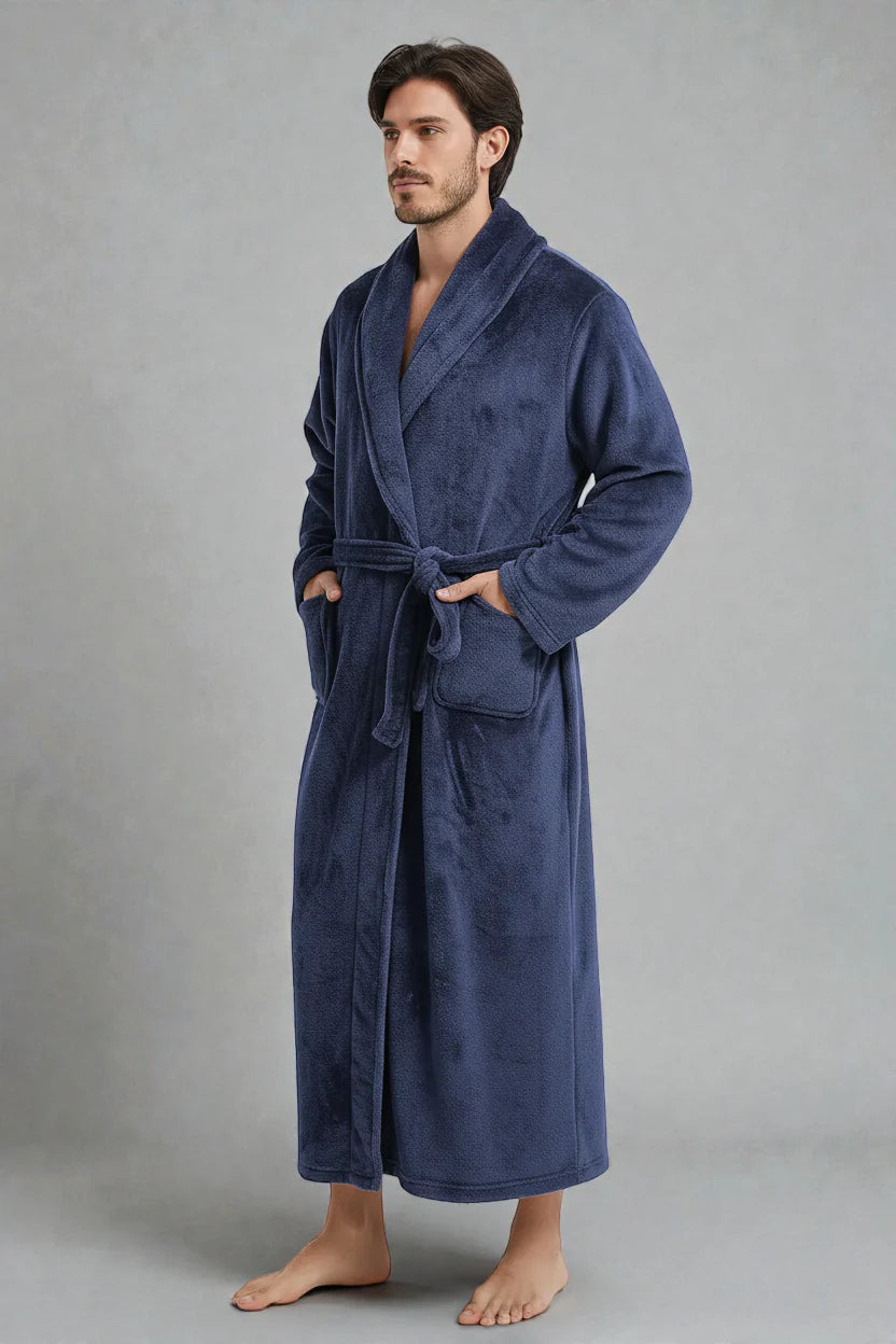 Peignoir polaire long Alaska bleu marine homme, ceinture nouée et poches