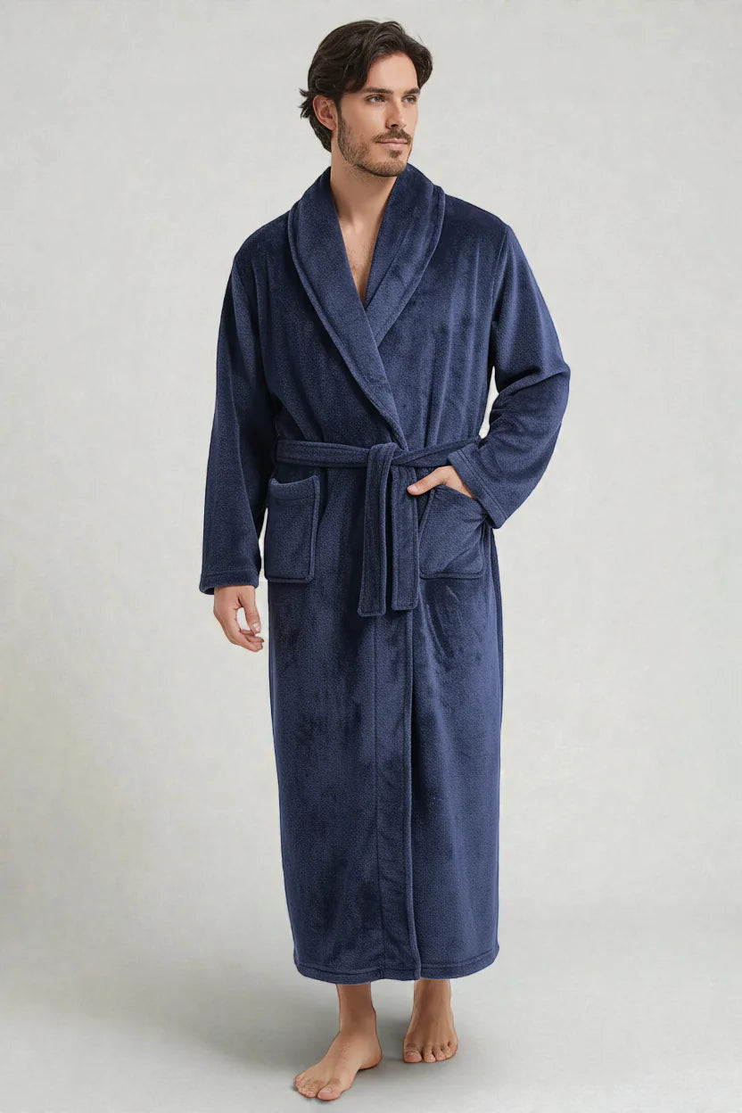 Peignoir polaire long homme Alaska bleu marine à ceinture et poches