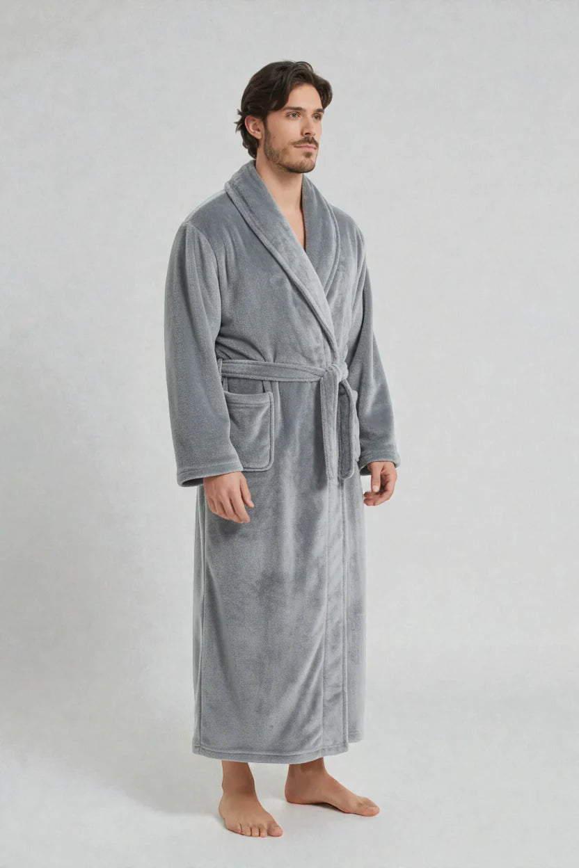Robe de chambre polaire Alaska grise velours long homme avec ceinture