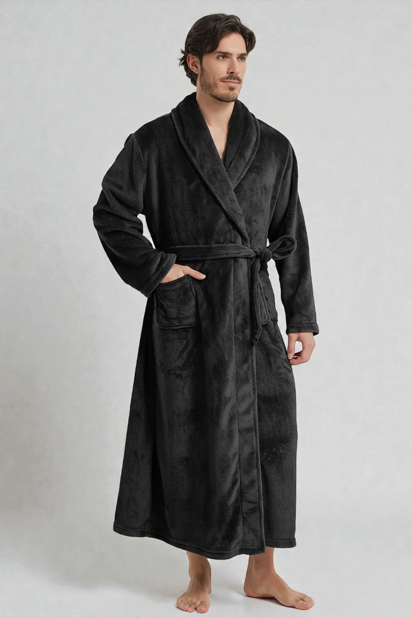 Robe de chambre polaire Alaska noire en plush velouté à ceinture auto-serrante