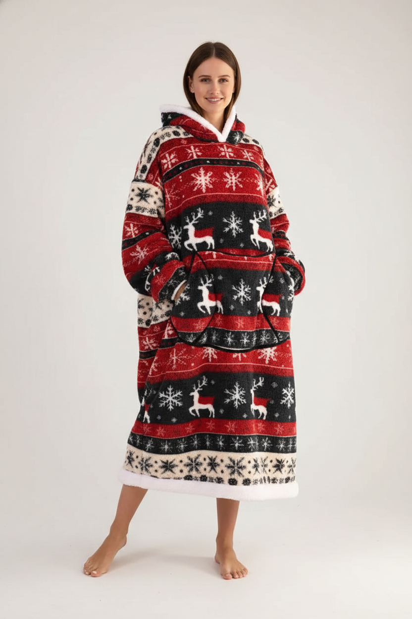 Peignoir polaire Noël rouge noir blanc motifs rênes flocons
