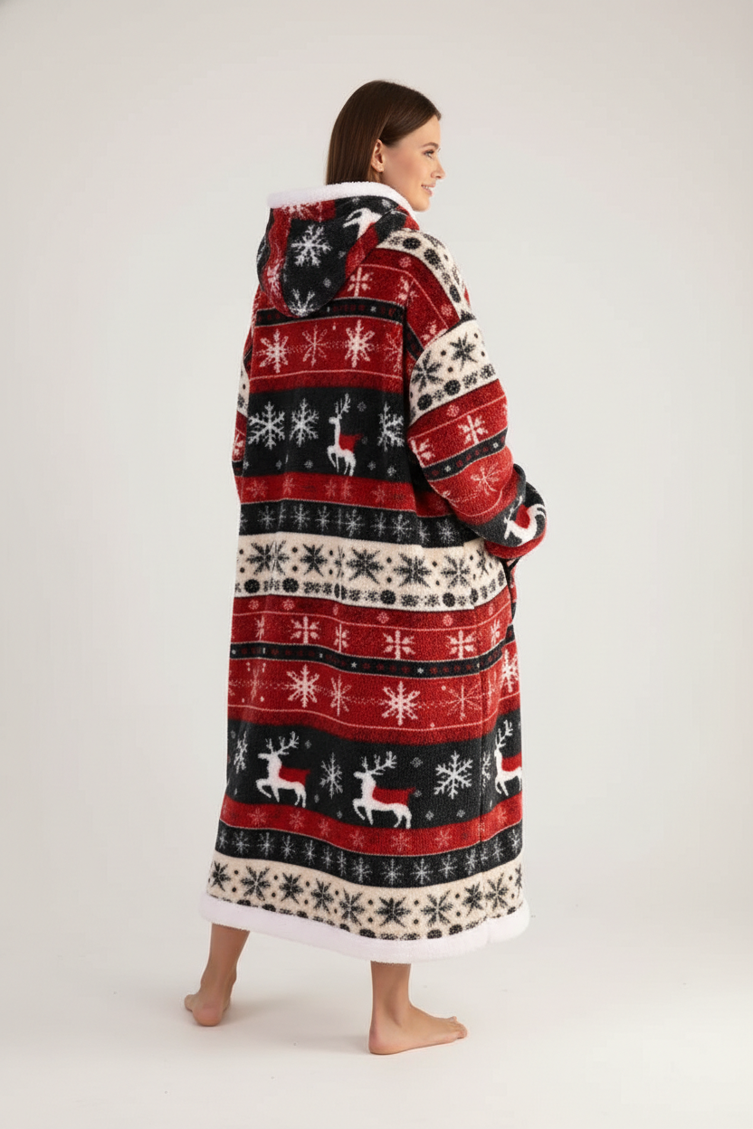 Robe de chambre polaire Noël avec motifs rênes et flocons rouges, noirs, blancs