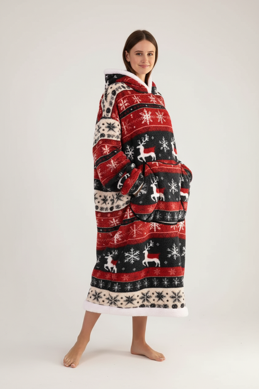 Robe de chambre polaire Noël rouge, noir, blanc avec rênes et flocons