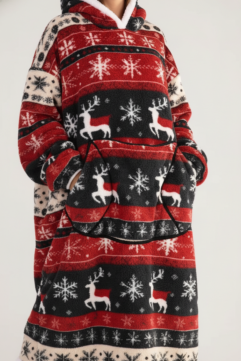Robe de chambre polaire Noël rouge noir blanc motifs rennes flocons