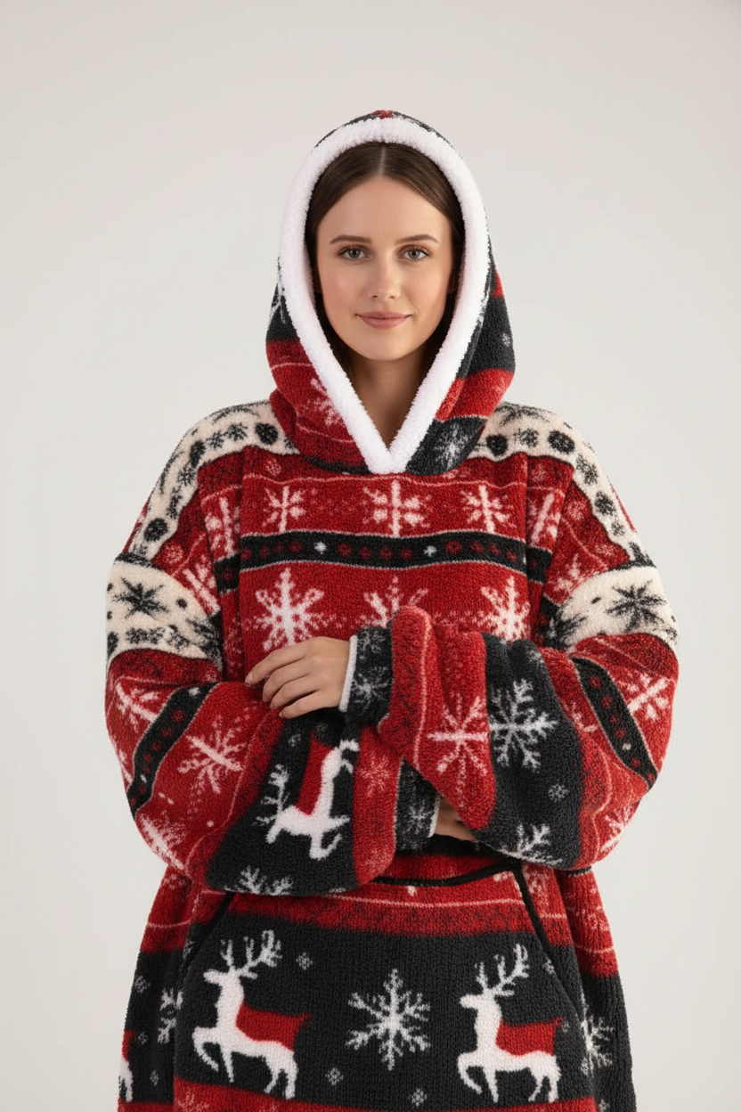 Robe de chambre polaire Noël rouge noir blanc rênes flocons