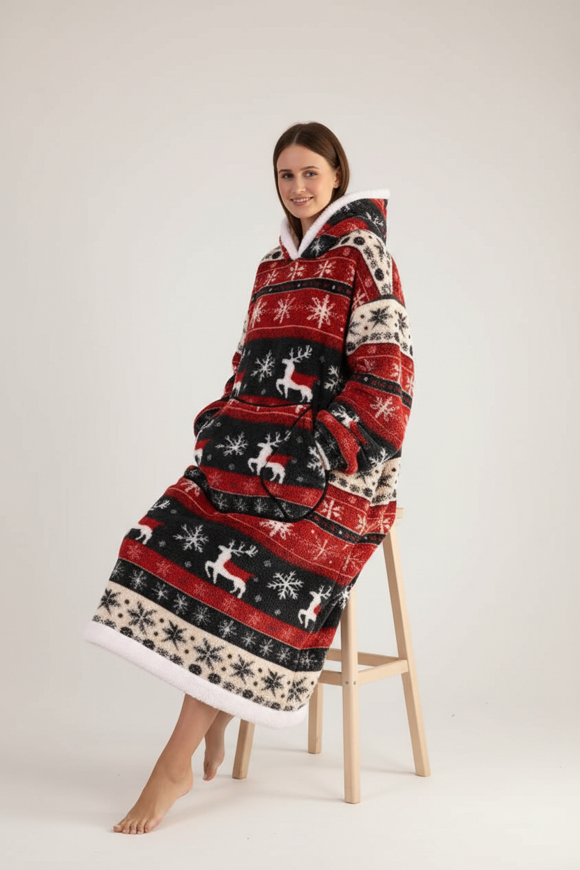 Robe de chambre polaire Noël rouge noir rênes flocons capuche cosy