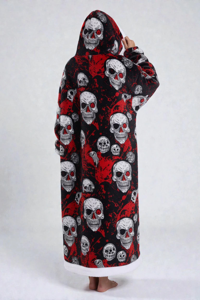 Robe de chambre polaire à capuche tête de mort noir rouge blanc