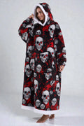 Robe de chambre polaire tête de mort noir rouge à motif crâne capuche douillette