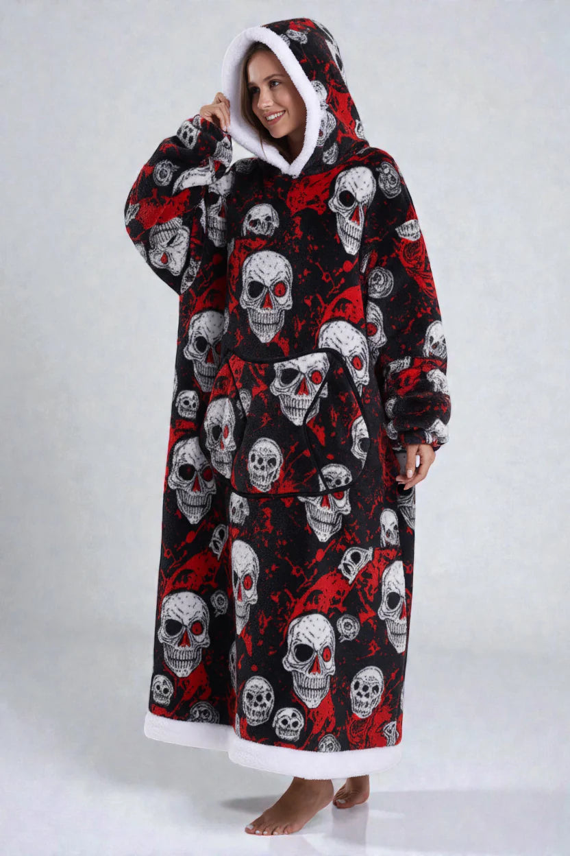Robe de chambre polaire tête de mort noir rouge à motif crâne capuche douillette