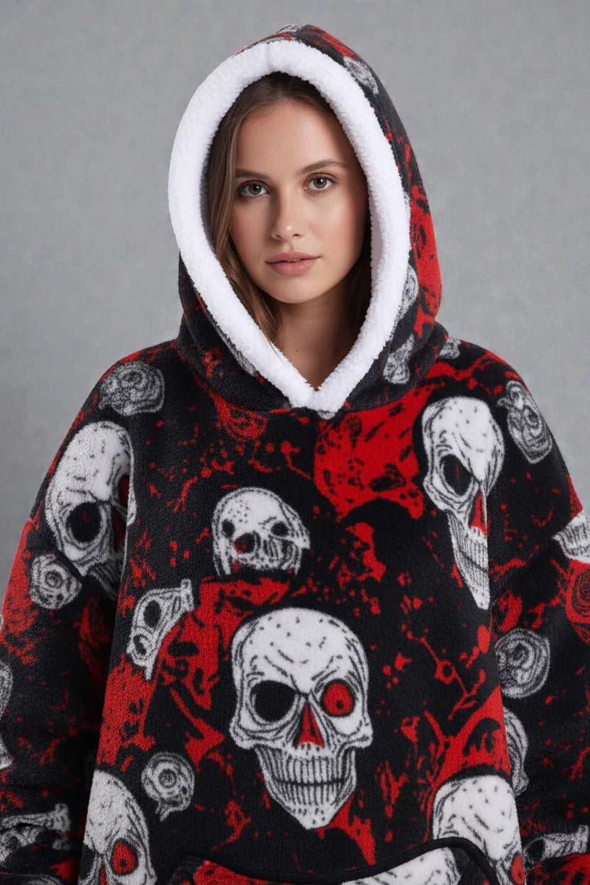 Robe de chambre polaire tête de mort noir rouge à motif crâne avec capuche sherpa blanche