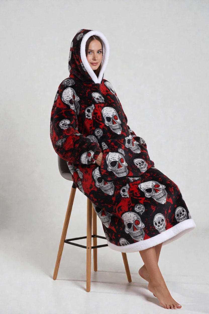 Robe de chambre polaire tête de mort noir rouge à motif crâne