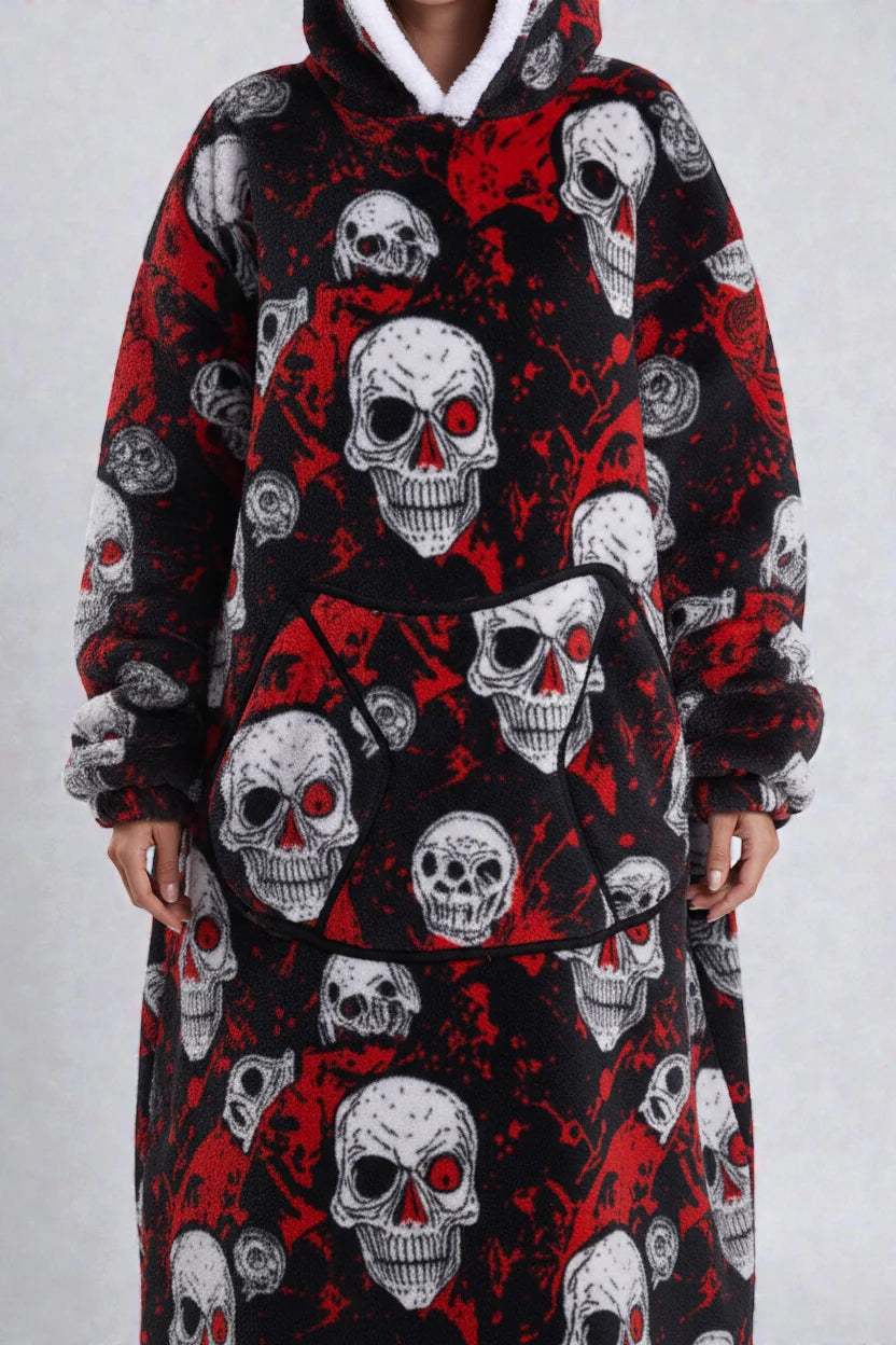 Robe de chambre polaire tête de mort noir rouge à motif crâne capuche blanche