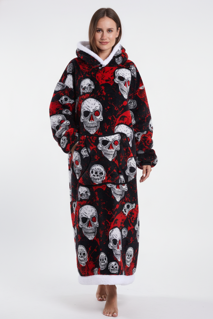 Robe de chambre polaire tête de mort noir rouge à capuche fourrée