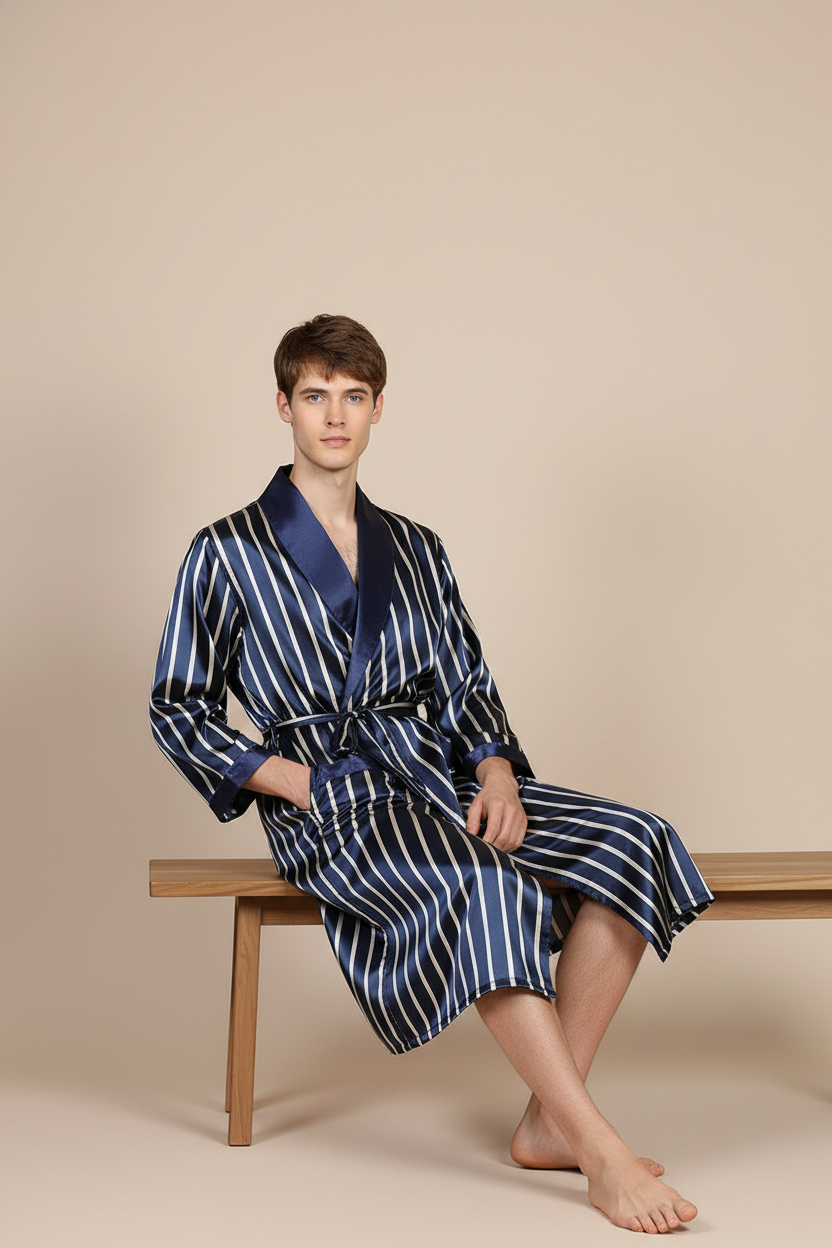 Homme en robe de chambre satinée rayures bleu marine et blanc