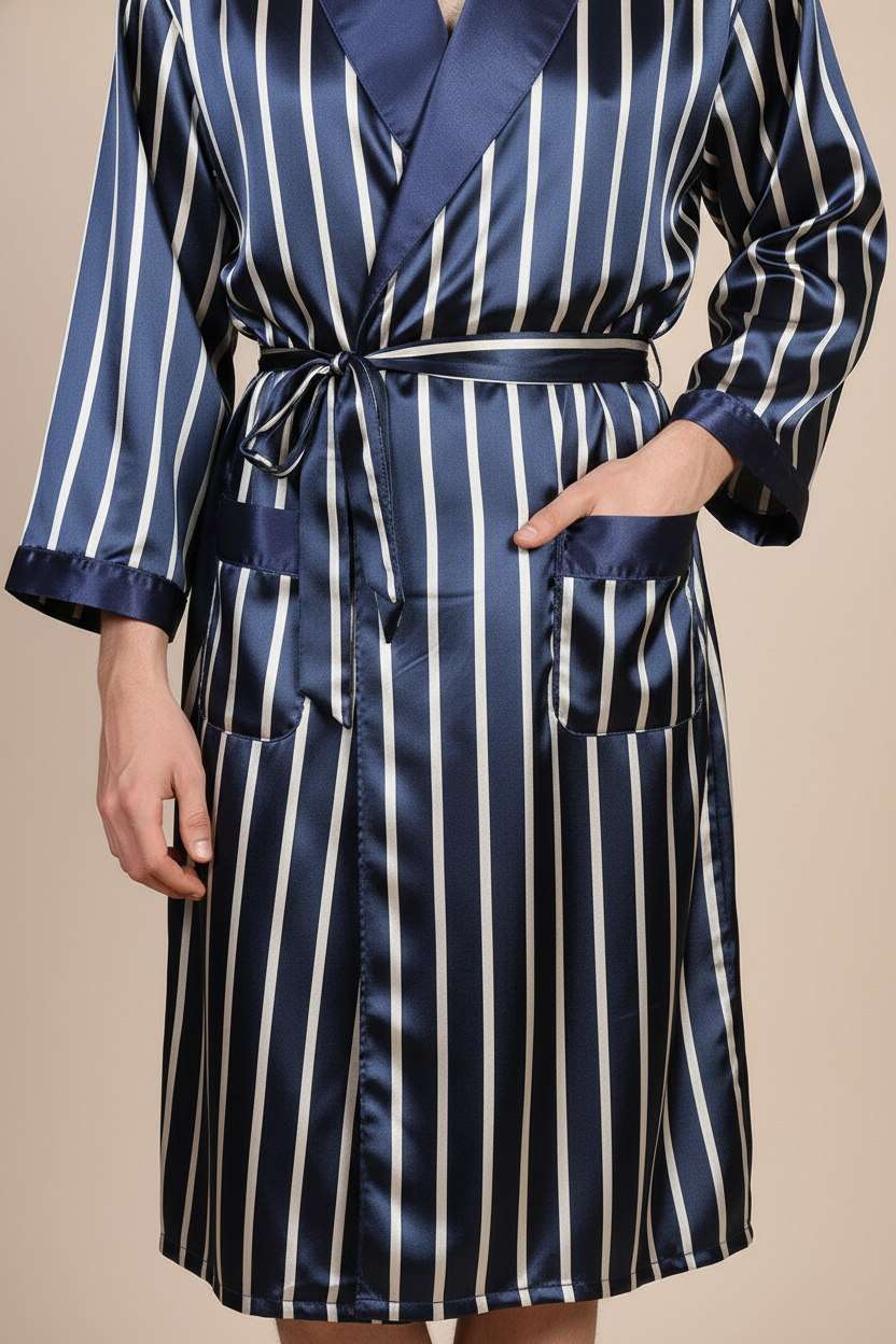 Robe de chambre satinée rayures bleu marine et blanc avec ceinture