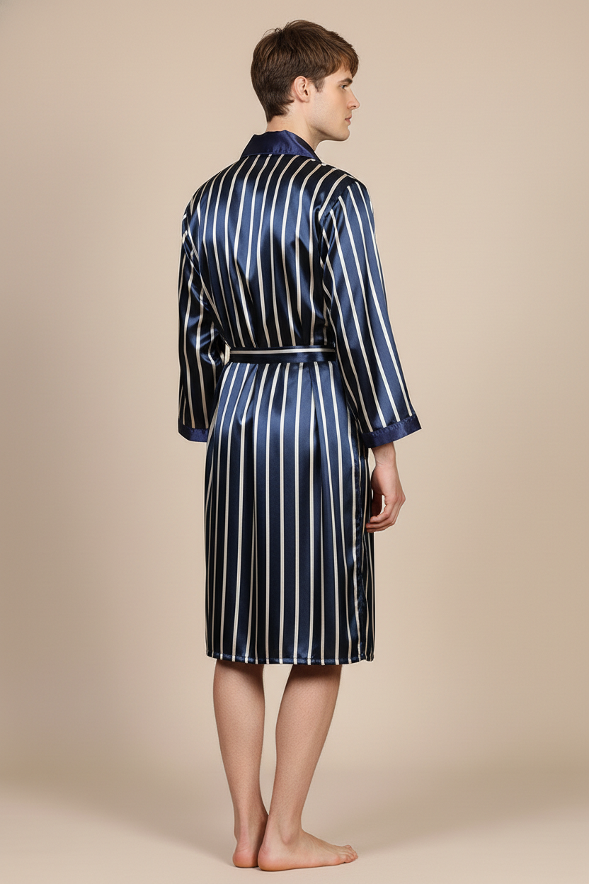 Robe de chambre satinée rayures bleu marine et blanc avec ceinture