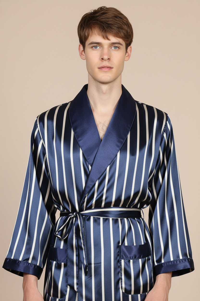 Robe de chambre satinée à rayures bleu marine et blanc avec ceinture