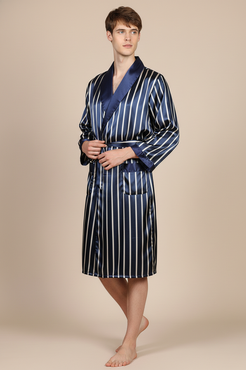 Robe de chambre satinée à rayures bleu marine et blanc avec ceinture