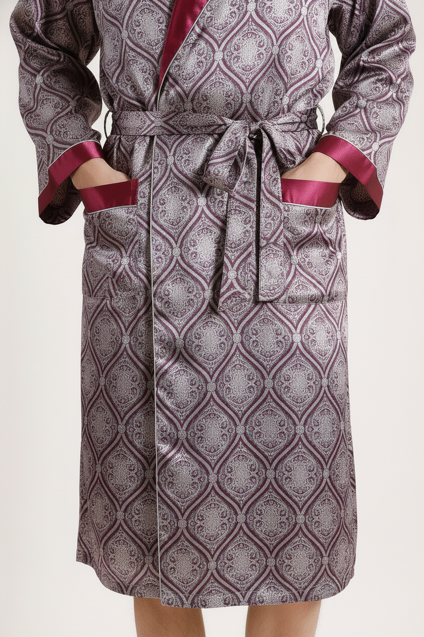 Robe de chambre satiné Ossau gris bordeaux luxueux à parements velours