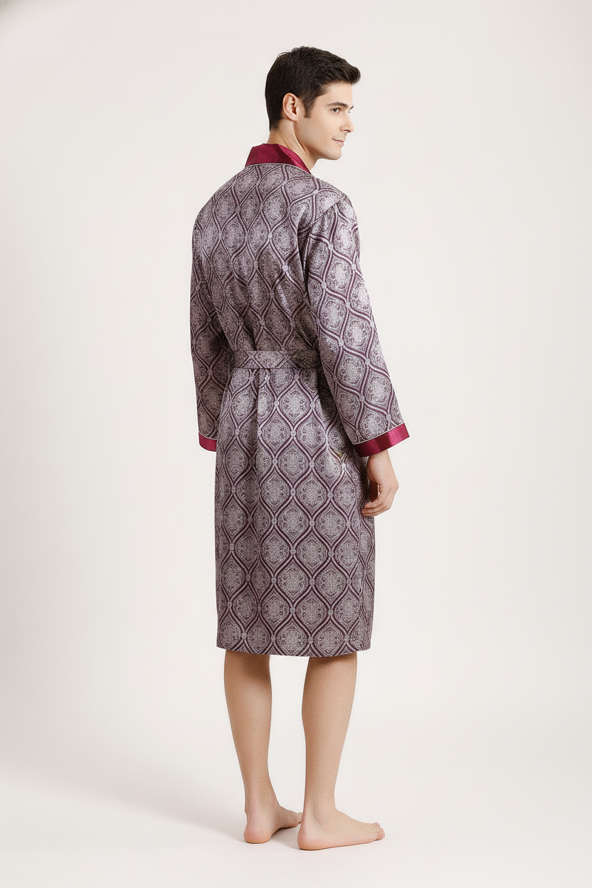 Robe de chambre satinée Ossau homme dos motif géométrique gris bordeaux