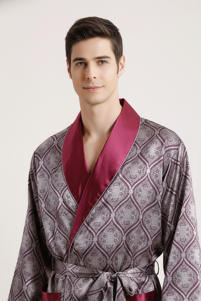 Homme en robe de chambre satiné Ossau maroon et argent luxueuse
